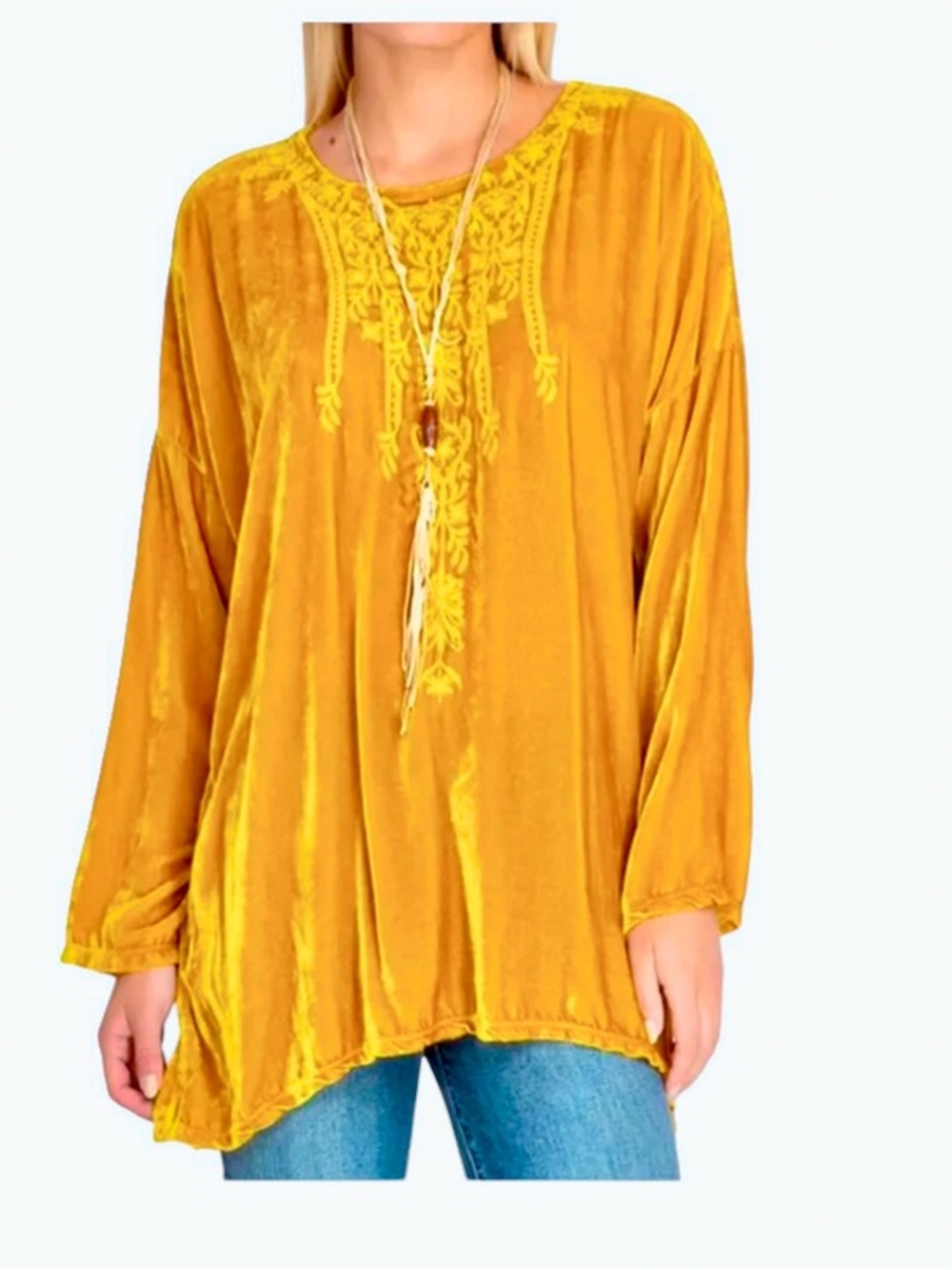 Gold Crushed Velvet Embroidered 3/4 Sleeve Tunic Top